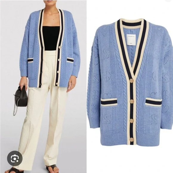 Sandro Blue Wool Erwan Pointelle Knit Women's Cardigan Sweater - Picture 2 of 11